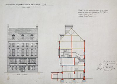 Ontwerp voor een huis voor W. Flower Esq, Chelsea Embankment, Londen, 1876 door Richard Norman Shaw